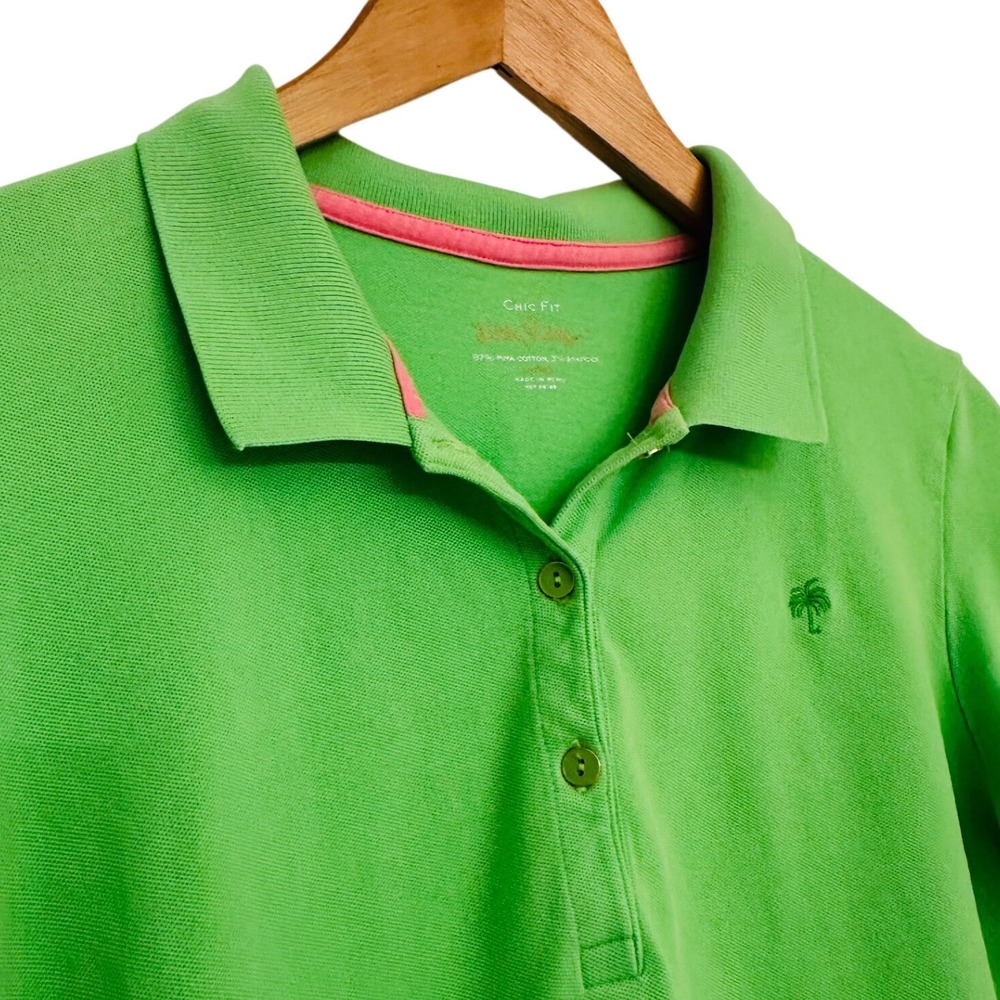 Lilly Pulitzer Green Pima Cotton Palm Tree Logo Polo Shirt Chic Fit Sz L Preppy - Picture 2 of 7